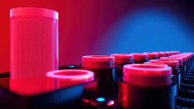 Keyboard keys illuminated. Vibrant red, blue hues dominate scene. Modern design, sleek aesthetic, focus on lighting effects. Minimalist composition.
