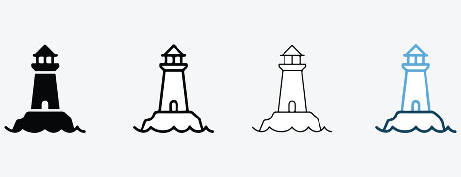 Lighthouse icons in different colors and line styles for navigation and coastal themes  various lighthouse designs for use in graphic design and digital media