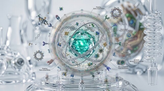 Futuristic laboratory science illustration of a quantum biomolecule with illuminated glass nucleus, perfectly balanced orbital rings, sophisticated nano architecture,