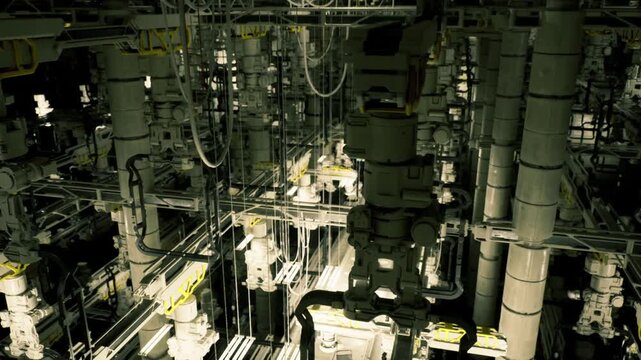 Dim engine room reflected on floor, dense network of pipes, valves and catwalks bathed in cold green light, atmosphere of quiet maintenance and mechanical