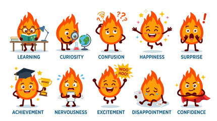 Fototapeta premium Emotive fire emojis express various emotions in a digital illustration.