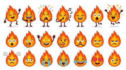 Fototapeta premium A collection of various fire emojis expressing different emotions on white background