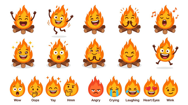 A digital illustration depicts various emoticon faces made of fire and flames with different expressions on a white background.