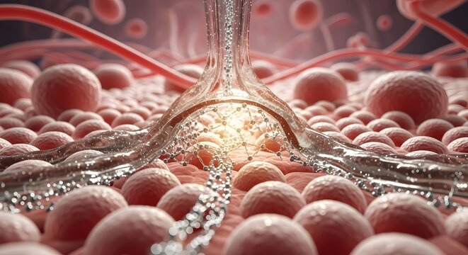 Microscopic view of red blood cells flowing through a blood vessel with a glowing effect