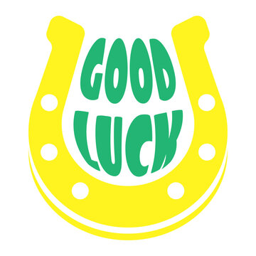 Advertising green inscription Good luck in the center of golden horseshoe. Simple flat vector isolated on white background