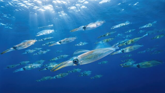 School of squid swimming through sunlit clear blue ocean water, dynamic marine life scene