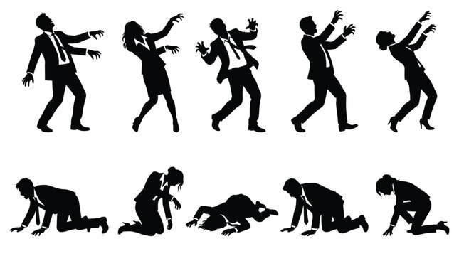 Set of black vector silhouettes featuring business people acting like scary zombies in diverse poses