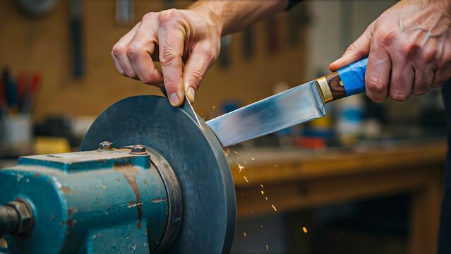 Craftsman sharpening kitchen knife on grinding wheel in professional workshop
