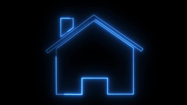A glowing blue neon outline of a house against a blac. page button. Navigation symbol. Glowing graphic design. Brick wall. Vector.
