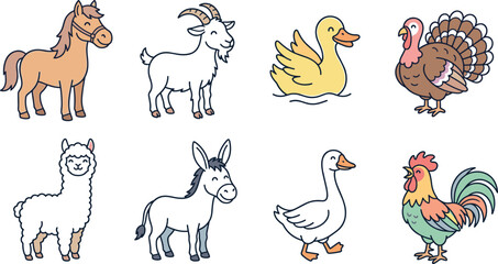 Obraz premium Collection of Cartoon Farm Animal Illustrations Featuring Horse, Goat, Duck, Turkey, and More