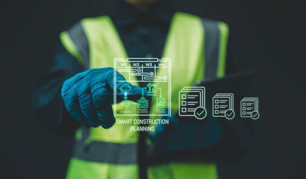 Smart construction planning concept worker holding tablet digital hologram weekly timeline cloud data AI optimization resource allocation real time monitoring checklist project management