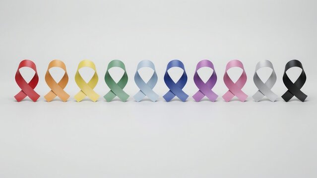 Colorful ribbons for cancer awareness month and various health causes