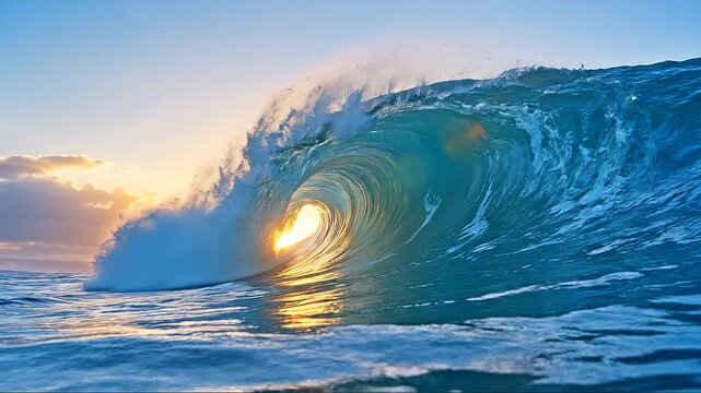 夕日を背に巻く大きな海の波