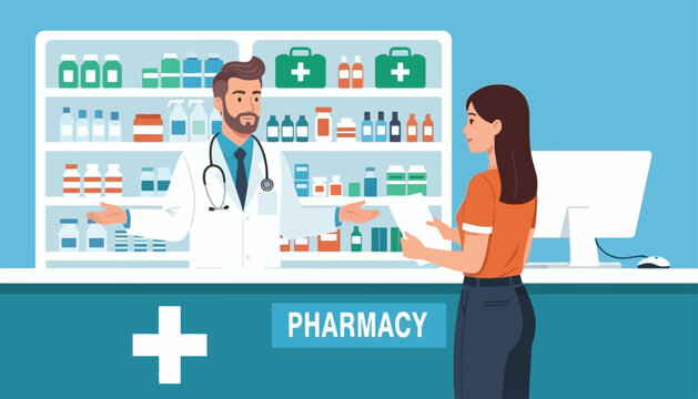 Professional pharmacist providing expert healthcare consultation and medication assistance to a customer with a prescription at a modern pharmacy counter