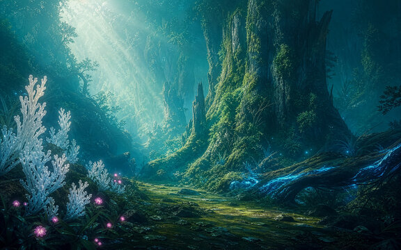 Mystical alien jungle path with glowing bioluminescent crystal plants and blue light veins in misty forest