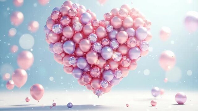 Heart shape from pink and purple balloons and crystal spheres. Love and romance for Valentines Day greeting card. Celebration background.