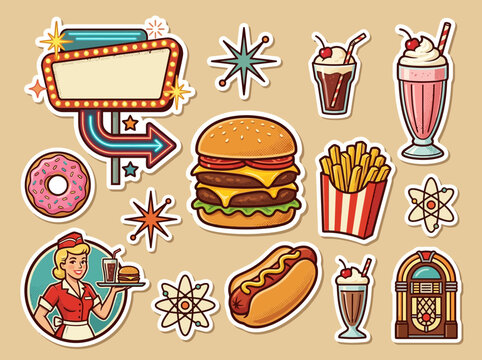 Retro 1950s Diner Sticker Set with Burger, Milkshake and Neon Sign