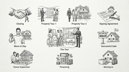 Fototapeta premium Real Estate Transaction Process Icons Hand Drawn Style.