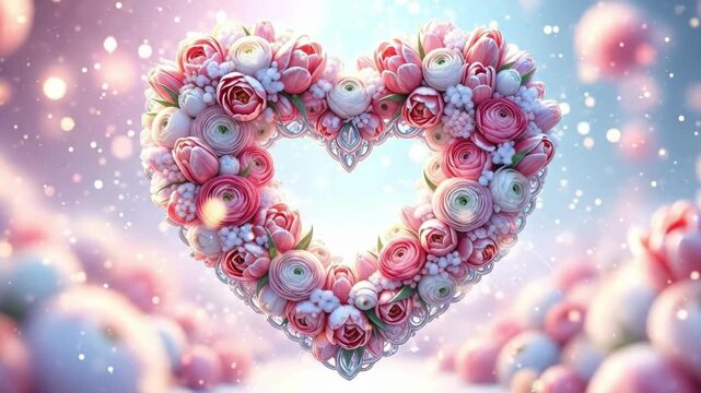 Heart shape floral arrangement with pink flowers for romantic celebration. Valentines Day love and affection concept. Festive spring blossom design.