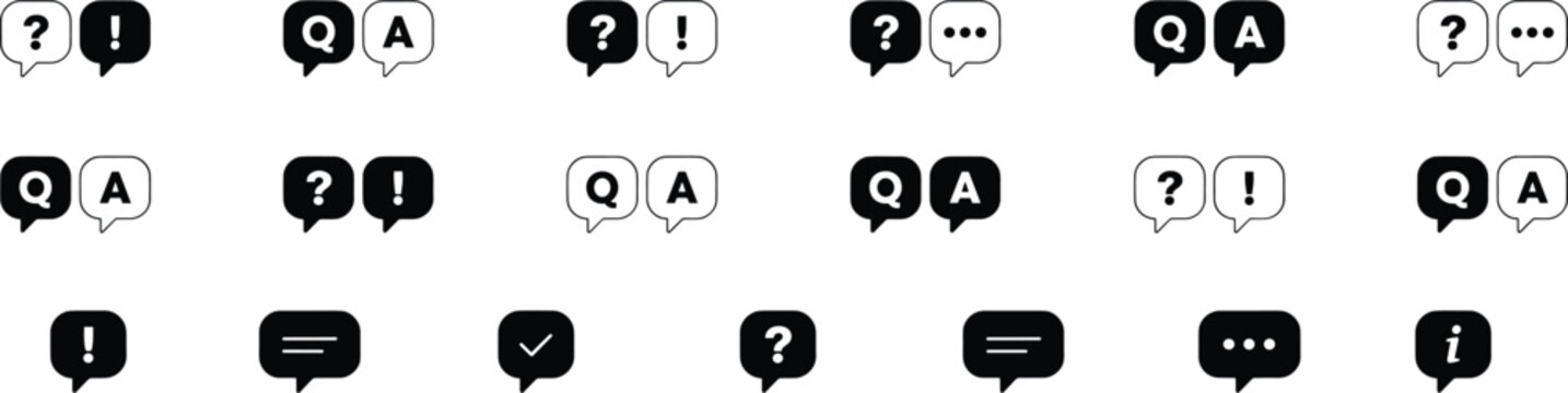 Collection of question mark exclamation point and qa speech bubble icons on transparent background icon dialog chat information help equal sign check