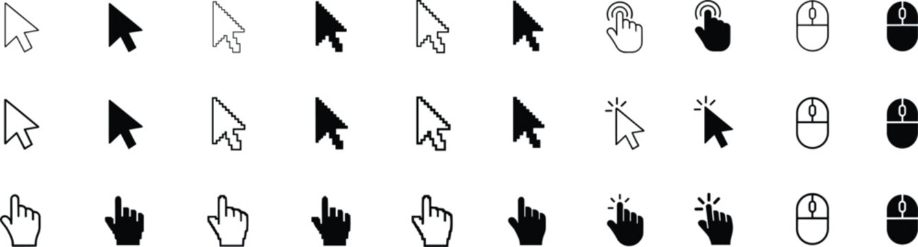 Collection of computer cursor icons and hand pointer symbols on transparent background mouse pointing arrow icon digital selection tool click symbol interface