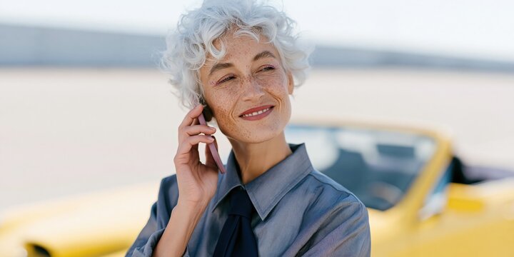 Elegant mature woman portrait smiling on mobile phone with yellow convertible in bright outdoor scene for lifestyle banner and advertisement use