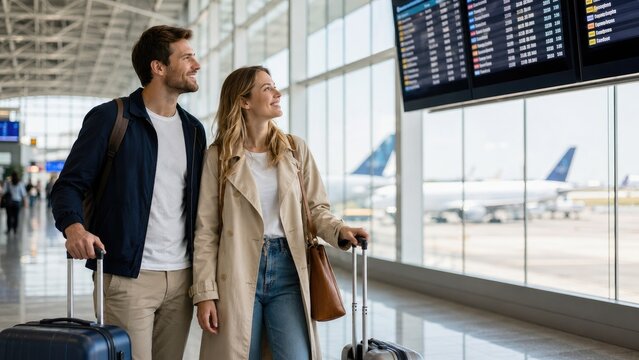 Smiling couple with suitcases checking a flight departures board in a bright airport terminal