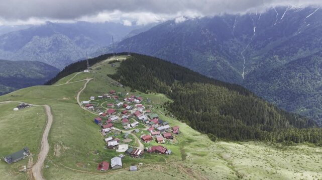 Cinematic Drone Footage of Gito Plateau in Camlihemsin Rize Turkey Above the Clouds with Misty Mountains and Green Highlands