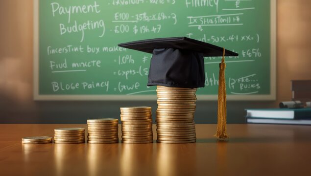 Piles of coins with a graduation cap on a table by a green chalkboard. Educational debt theme.