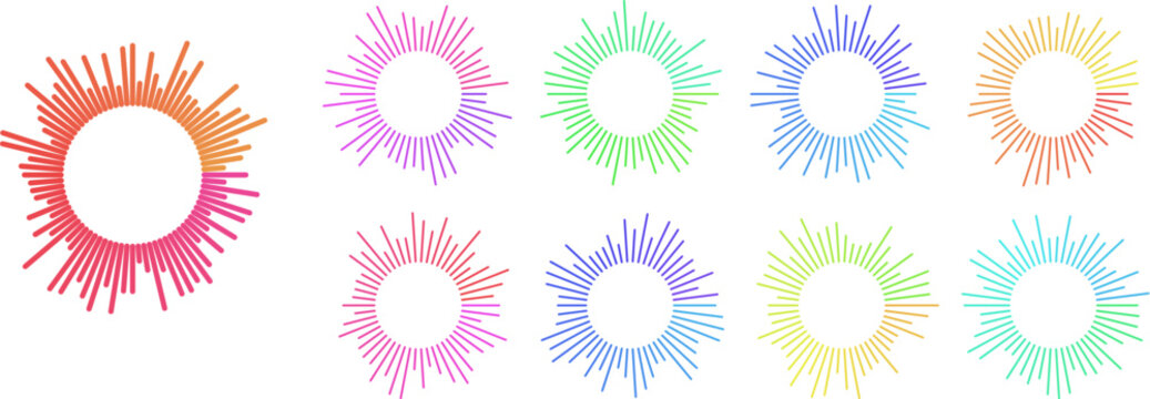 Circular sound wave icon set with colorful audio equalizer spectrum borders on white background