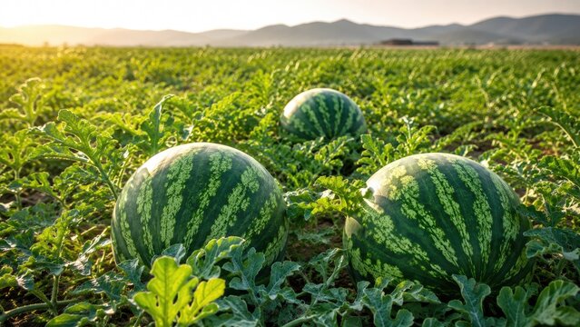 Ripe watermelons growing in a sunlit farm field at sunset with green vines and distant hills