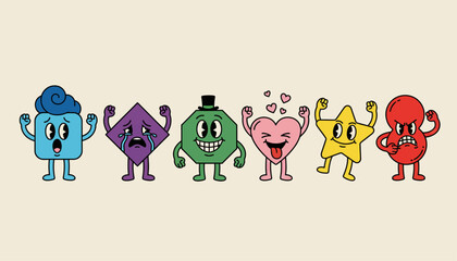 Set of Colorful Cartoon Geometric Shapes Expressing Various Human Emotions and Personalities in a Retro Mascot Style Illustration