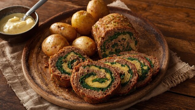 Rolled meatloaf filled with spinach and cheese, plated with boiled potatoes, accompanied by a bowl of mayonnaise and mustard sauce, and a teaspoon on a wooden table.