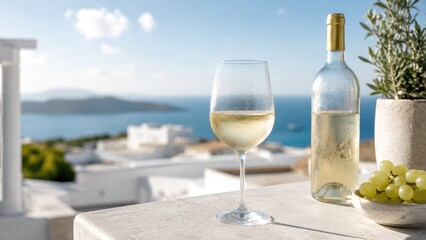 Fototapeta premium Sunlit glass and bottle of chilled white wine with green grapes on a white terrace overlooking a blue Mediterranean seascape