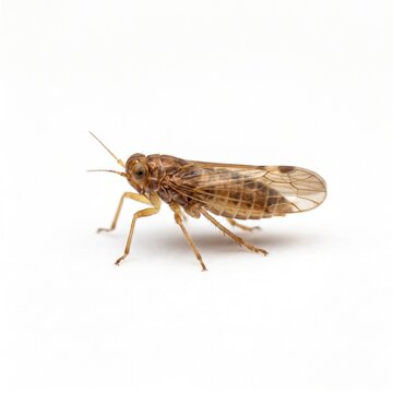Close-up of a small brown insect with translucent wings on a white background.
