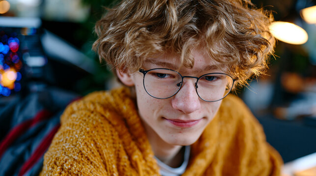 Close up face of middle school student hesitantly engaging personalized AI reading tutor interface showing adaptive comprehension questions, back-to-school backpack visible in corner, expression bal