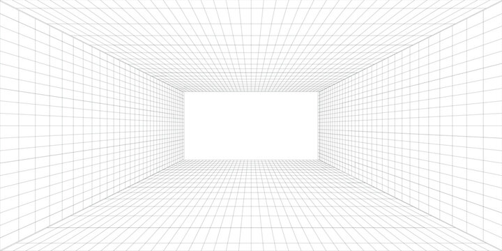 3D black retro-futuristic grid wireframe. Simple black grid room desktop white wallpaper background. Simple grid background with minimal room. Simple black minimal small line white backdrop.