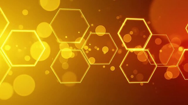 Glowing geometric honeycomb pattern with vibrant hexagon grid and warm bokeh lights for