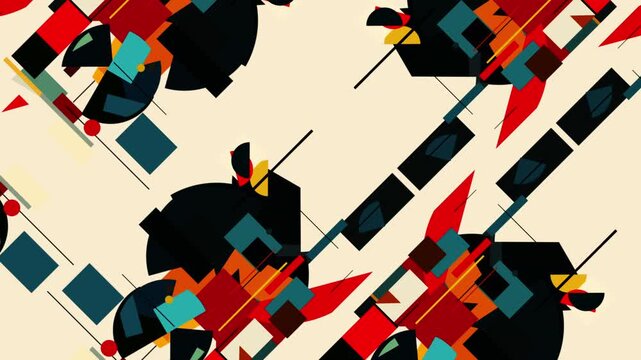 ロシア構成主義風の幾何学的抽象アート背景。赤、黒、シアンのブロック、斜めのラインと円弧、アヴァンギャルドなモダンモーショングラフィック