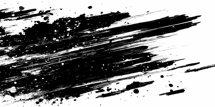 Abstract black ink splatter grunge background with dirty texture, paint splats and splashes, grungy frame, vector brush strokes, stain pattern and border design