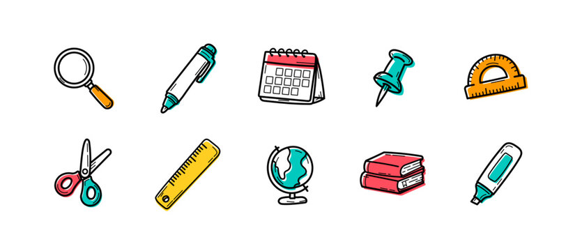 Set de pictogrammes color&eacute;s d&rsquo;outils d&rsquo;&eacute;tude et de classe : loupe, stylo, calendrier, punaise, rapporteur, ciseaux, r&egrave;gle, globe, livres et surligneur pour la rentr&eacute;e scolaire.