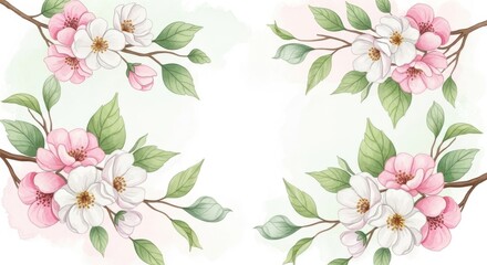 Obraz premium Pink Spring Flowers Frame with Floral Branches, Leaves and Blossom Border Illustration for Nature Decoration, Elegant Botanical Vector Design Pattern for Cards and Beauty Artwork