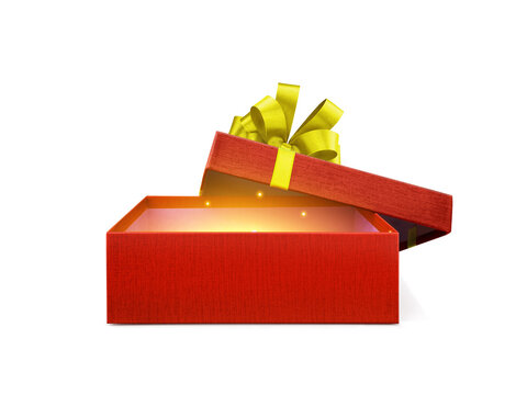 A red gift box with a yellow ribbon is opening, and golden light is emanating from it.