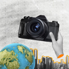 Surreal collage featuring a hand holding a vintage camera over a globe and city skyline,...