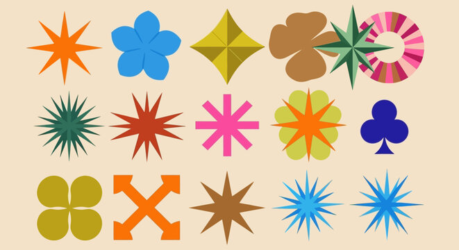 Abstract collection of colorful geometric shapes stars flowers and symbols for creative vector graphic design and branding