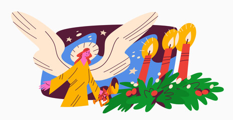 Obraz premium Christmas Angel and Advent Candles Flat Vector Illustration. Divine Angel with Trumpet and Burning Candles