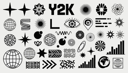 Y2K Retro Futuristic Graphic Design Elements Set with Abstract Geometric Shapes, Cyberpunk Vector Icons and Cyber Style Ornamentations © john