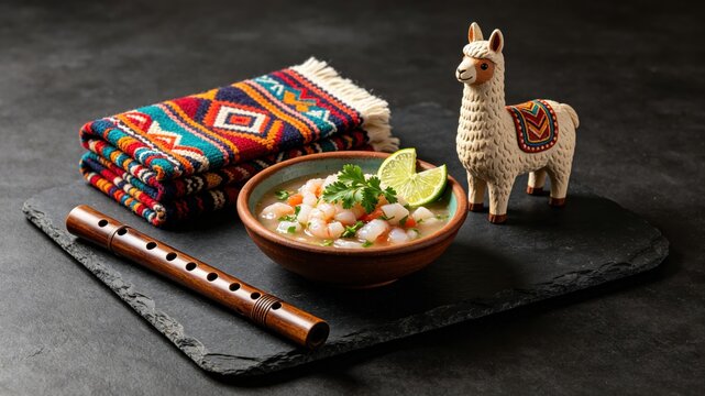 ceviche. Peruvian Independence Day bundle: ceviche, wool textiles, llama figurine, and pan flute on slate surface. event programs.