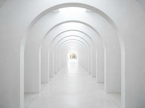Long empty hallway with white arched corridors leading to a bright light and green garden view at the end