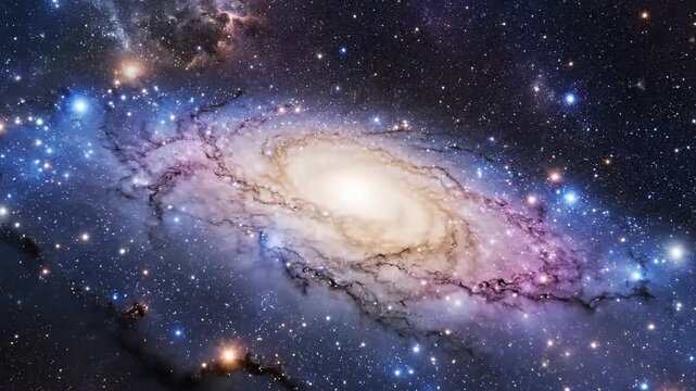 Galaxy spiral rotates through deep space surrounded by bright stars and interstellar nebula clouds.